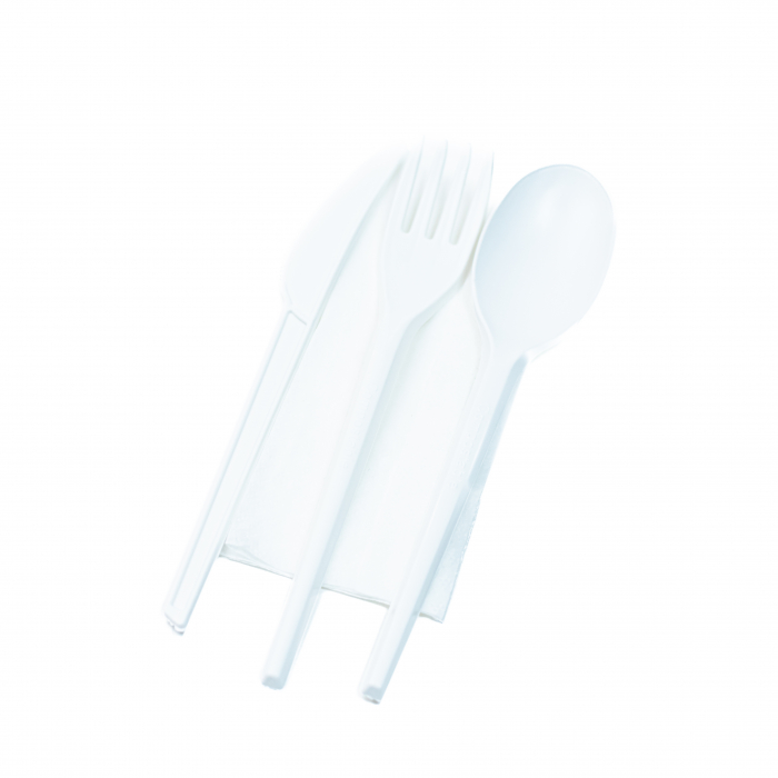 Set 100 Tacamuri Plastic Albe - Furculita, Cutit, Lingura + Servetel, ambalate individual [2]