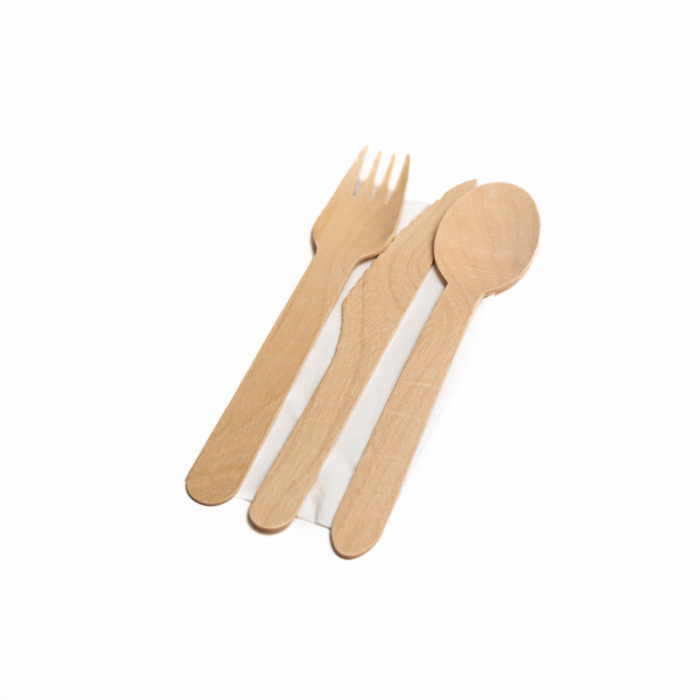 Set 100 Tacamuri Tris  Lemn - Furculita, Cutit, Lingura+ Servetel, ambalate individual [2]