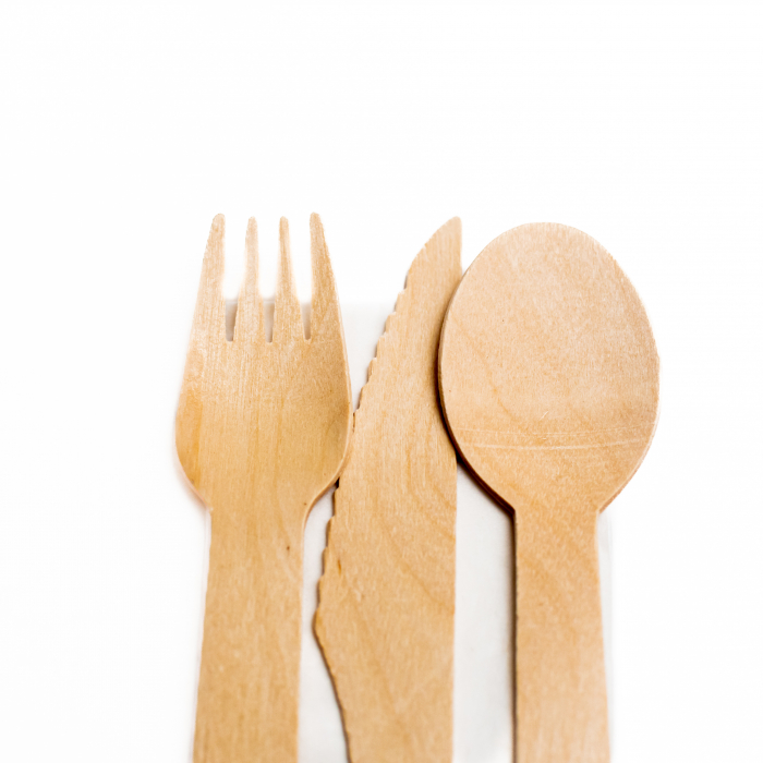 Set 100 Tacamuri Tris  Lemn - Furculita, Cutit, Lingura+ Servetel, ambalate individual [3]