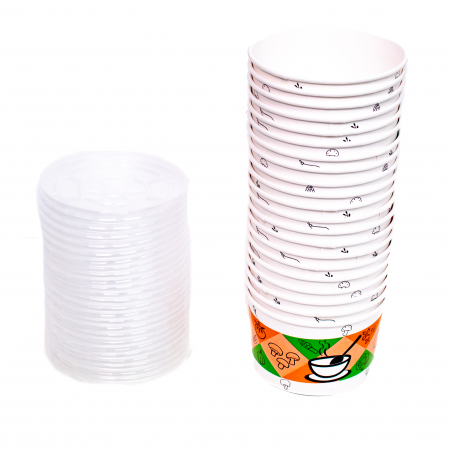 Ambalaje carton si trestie - Bol Supa din Carton + Capac, 591ml, 20 oz, Set 100 bucati