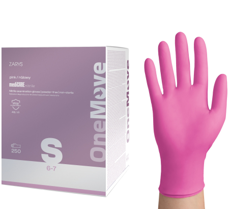 Accesorii curatenie - Manusi nitril ONE MOVE S (6-7), roz, nepudrate, 250 buc/set – extracție igienică