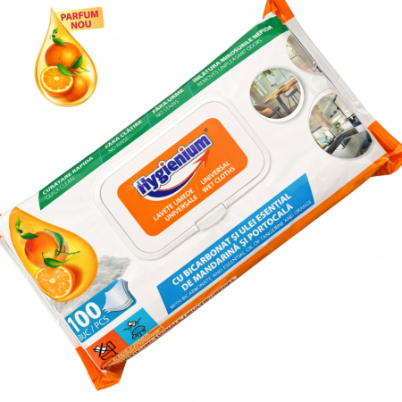 Accesorii curatenie - Servetele umede cu otet si bicarbonat Hygienium, parfum mandarine (ulei esential), pachet XXL 100 buc