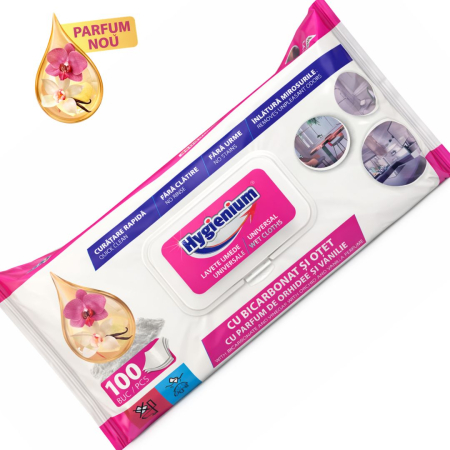 Accesorii curatenie - Servetele umede cu otet si bicarbonat Hygienium, parfum vanilie si orhidee, pachet XXL 100 buc
