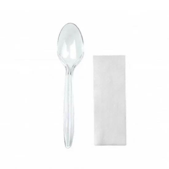 Tacamuri - Set lingura + servetel, 100 bucati, reutilizabil, transparent
