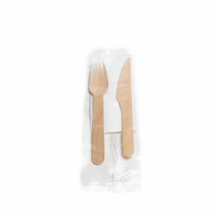 Set 100 Tacamuri Bis Lemn - Furculita, Cutit + Servetel, ambalate individual