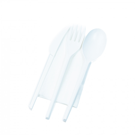 Set 100 Tacamuri Plastic Albe - Furculita, Cutit, Lingura + Servetel, ambalate individual [1]