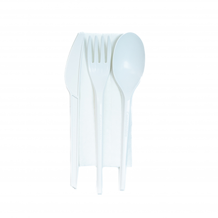 Tacamuri - Set 100 Tacamuri Plastic Albe - Furculita, Cutit, Lingura + Servetel, ambalate individual