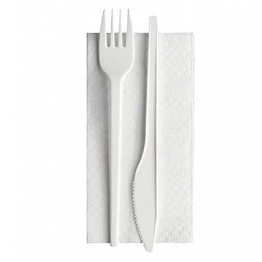 Tacamuri - Set 100 Tacamuri Plastic Albe - Furculita, Cutit + Servetel, ambalate individual
