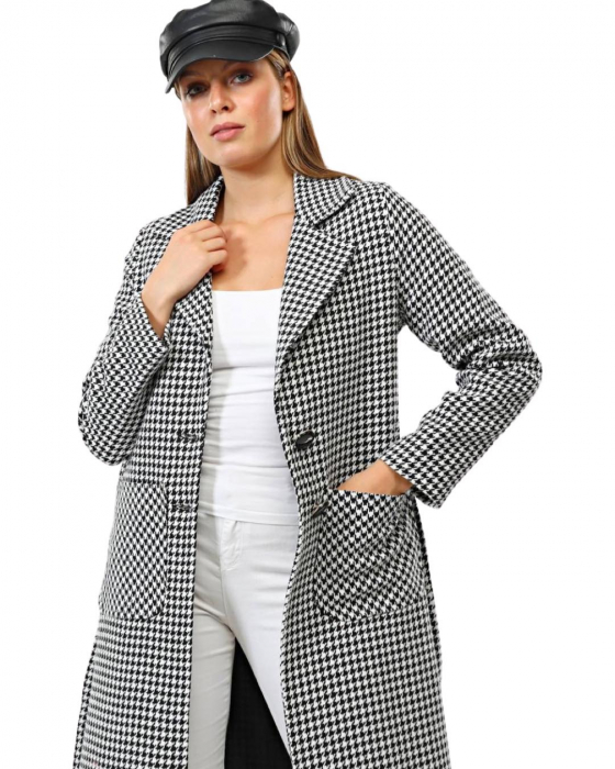 Palton Dama Lung Alb-Negru Houndstooth [3]