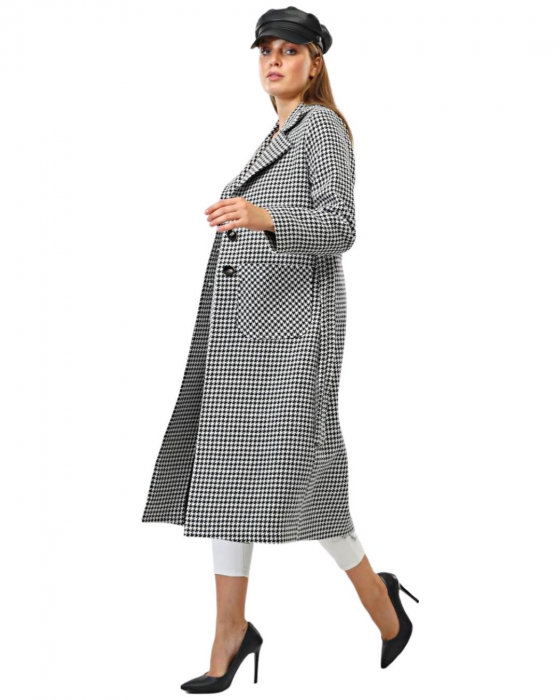 Palton Dama Lung Alb-Negru Houndstooth [4]