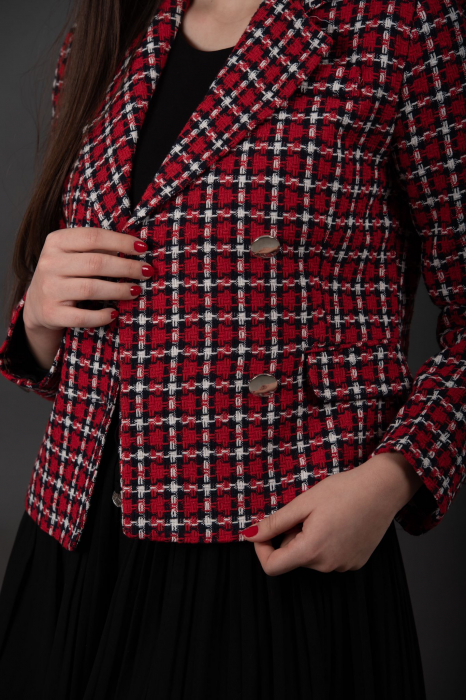 Sacou rosu dama cu carouri culoare contrastanta, cu revere decupate Cherry [2]