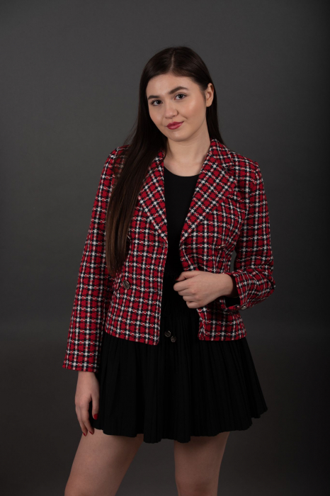 Sacou rosu dama cu carouri culoare contrastanta, cu revere decupate Cherry [3]
