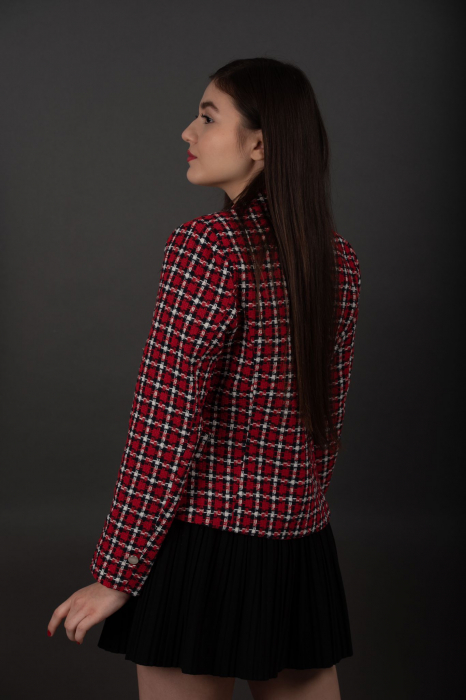 Sacou rosu dama cu carouri culoare contrastanta, cu revere decupate Cherry [4]