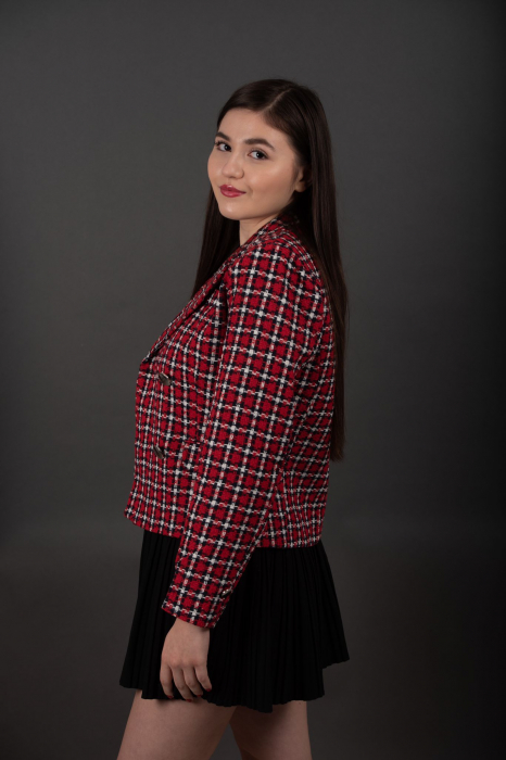 Sacou rosu dama cu carouri culoare contrastanta, cu revere decupate Cherry [5]