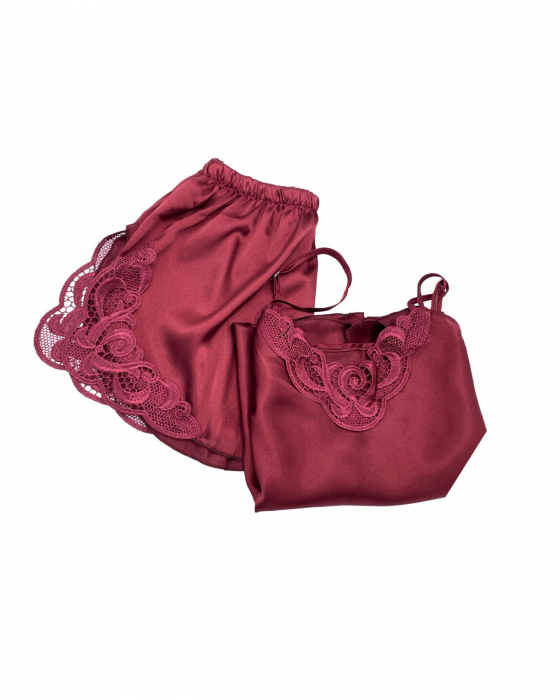 Pijama scurta satin rosu Wine Red [2]