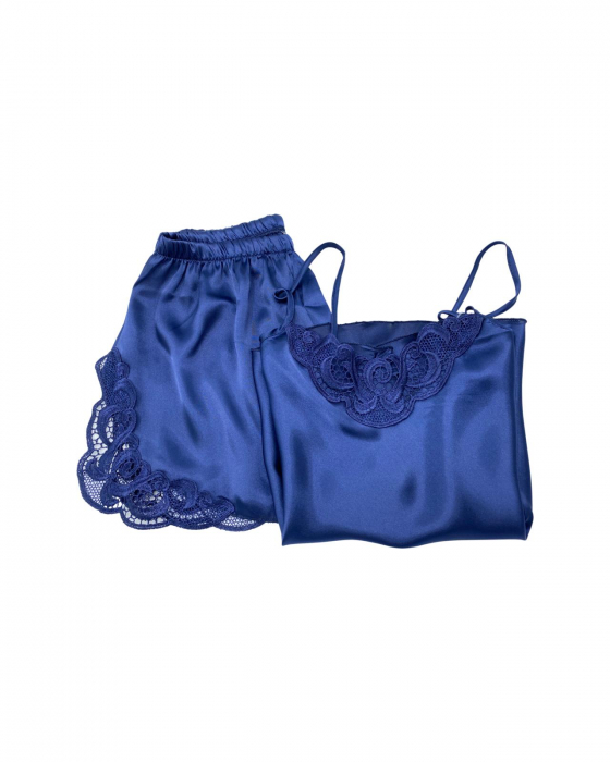 Pijama scurtă din satin Prussian Blue [2]