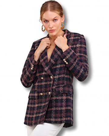 Sacou negru cu carouri contrastante, cu revere decupate Plum | HugoStudio [2]