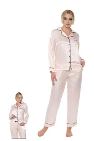 Pijamale - Pijama lungă satin alba Reverie Pink