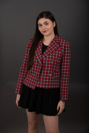 Sacouri - Sacou rosu dama cu carouri culoare contrastanta, cu revere decupate Cherry