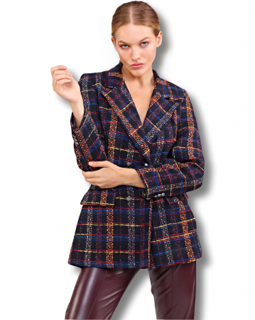 NEW IN - Sacou negru cu carouri culoare contrastanta, cu revere decupate