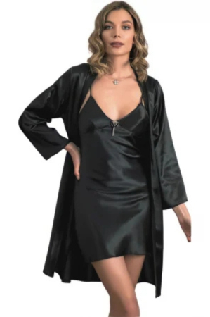 Cămăși de Noapte - Furou de noapte satin si chimono Black