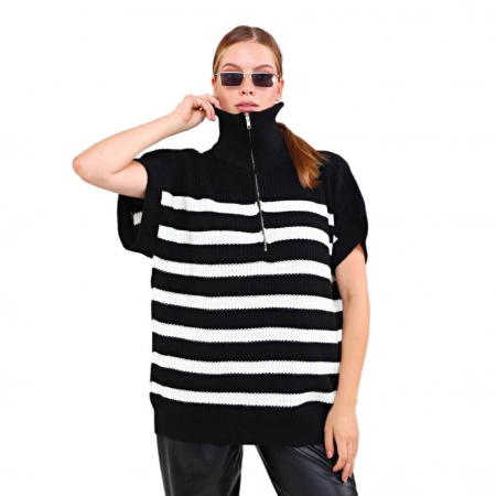 Pulovere - Vesta dama neagra cu dungi albe Black-White