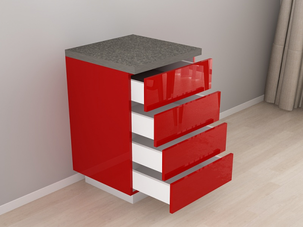 Corp Inferior 60 cu 4 Sertare Blanca Rosu Lucios - Modul Bucătărie Configurabil, Fără Mânere, Deschidere Prin Apăsare - Hulgo Mobili [2]