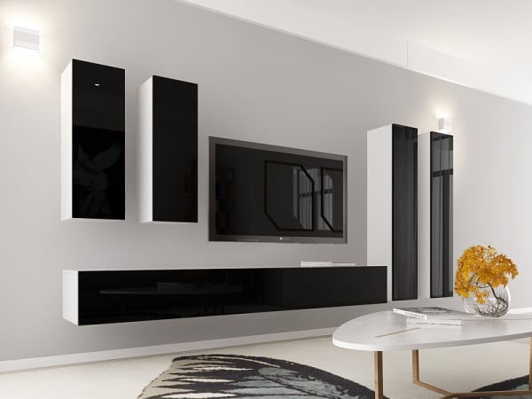 Living QUADRO 19 MDF Alb/Negru Lucios | Set Mobilier Modular Suspendat Premium Configurabil pentru un Living Modern Fără Mânere/Push to Open - Hulgo Mobili [3]