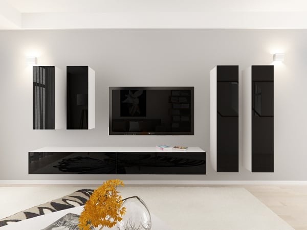 Living QUADRO 19 MDF Alb/Negru Lucios | Set Mobilier Modular Suspendat Premium Configurabil pentru un Living Modern Fără Mânere/Push to Open - Hulgo Mobili [8]