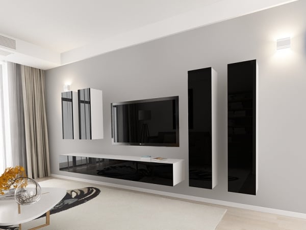 Living QUADRO 19 MDF Alb/Negru Lucios | Set Mobilier Modular Suspendat Premium Configurabil pentru un Living Modern Fără Mânere/Push to Open - Hulgo Mobili [2]