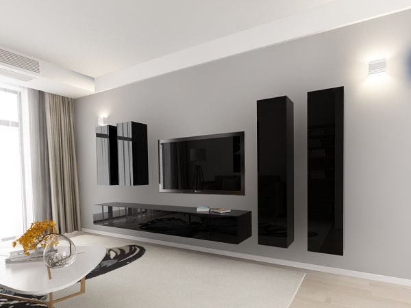 Living QUADRO 19 MDF Negru Lucios | Set Mobilier Modular Suspendat Premium Configurabil pentru un Living Modern Fără Mânere/Push to Open - Hulgo Mobili [2]