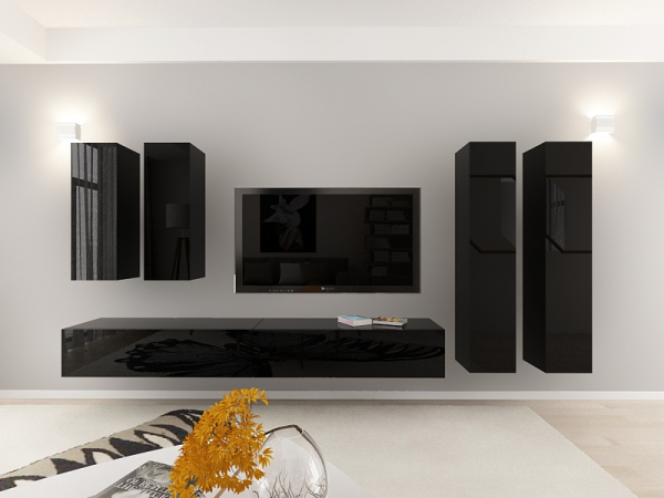 Living QUADRO 19 MDF Negru Lucios | Set Mobilier Modular Suspendat Premium Configurabil pentru un Living Modern Fără Mânere/Push to Open - Hulgo Mobili [7]