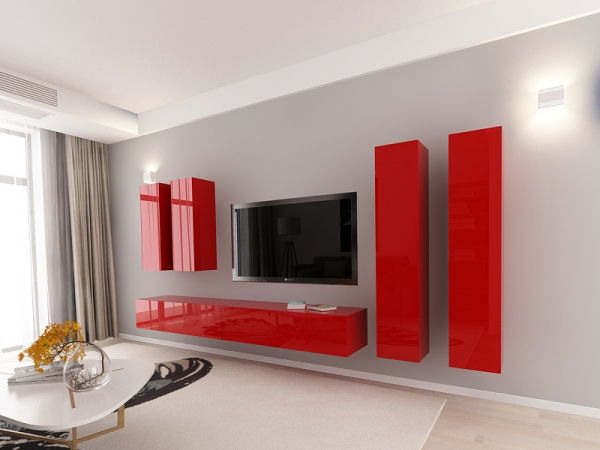 Living QUADRO 19 MDF Rosu Lucios | Set Mobilier Modular Suspendat Premium Configurabil pentru un Living Modern Fără Mânere/Push to Open - Hulgo Mobili [2]