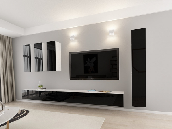 Living QUADRO 5 MDF Alb/Negru Lucios | Set Mobilier Modular Suspendat Premium Configurabil pentru un Living Modern Fără Mânere/Push to Open - Hulgo Mobili [2]