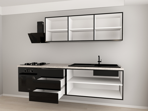 Evora 1 MDF Negru Lucios - Set Mobilă Bucătărie Modulară Modernă MDF 3.6m Premium Configurabilă Deschidere Prin Apăsare Fără Mânere/Push to Open Design Integral Suspendat Personalizabil - Hulgo Mobili [4]