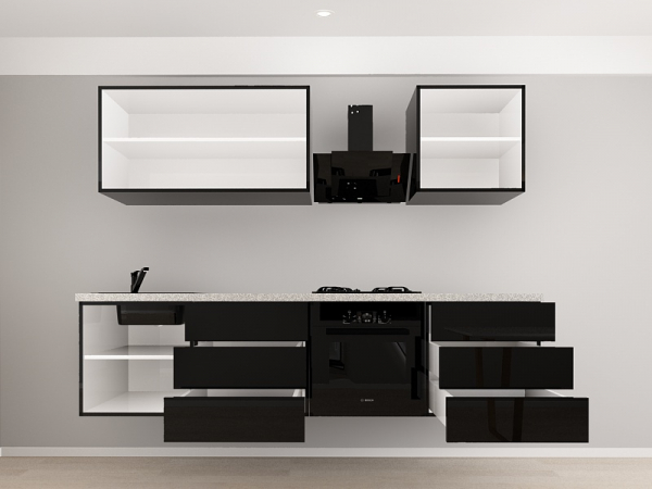 Evora 6 MDF Negru Lucios - Set Mobilă Bucătărie Modulară Modernă MDF 2.4m Premium Configurabilă Deschidere Prin Apăsare Fără Mânere/Push to Open Design Integral Suspendat Personalizabil - Hulgo Mobili [4]