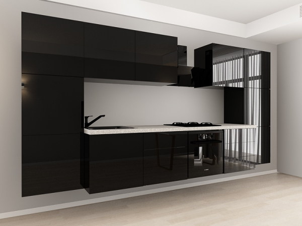 Evora 8 MDF Negru Lucios - Set Mobilă Bucătărie Modulară Modernă MDF 3.6m Premium Configurabilă Deschidere Prin Apăsare Fără Mânere/Push to Open Design Integral Suspendat Personalizabil - Hulgo Mobili [2]