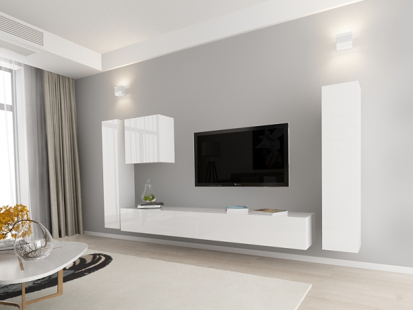 Living QUADRO 1 MDF Alb Lucios | Set Mobilier Modular Suspendat Premium Configurabil pentru un Living Modern Fără Mânere/Push to Open - Hulgo Mobili [2]