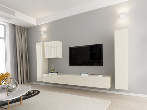 Living QUADRO 1 MDF Crem Lucios | Set Mobilier Modular Suspendat Premium Configurabil pentru un Living Modern Fără Mânere/Push to Open - Hulgo Mobili [2]
