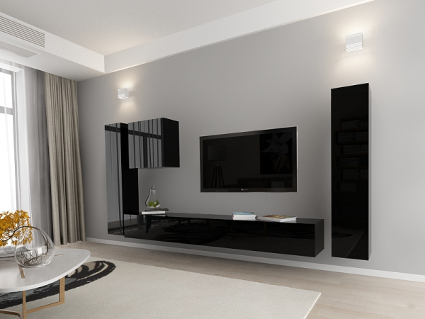 Living QUADRO 1 MDF Negru Lucios | Set Mobilier Modular Suspendat Premium Configurabil pentru un Living Modern Fără Mânere/Push to Open - Hulgo Mobili [2]