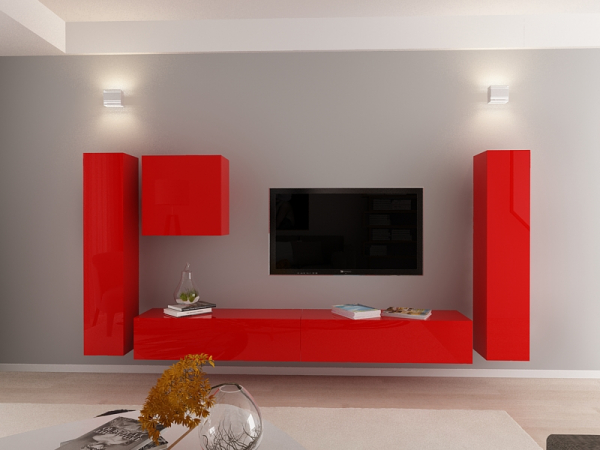 Living QUADRO 1 MDF Rosu Lucios | Set Mobilier Modular Suspendat Premium Configurabil pentru un Living Modern Fără Mânere/Push to Open - Hulgo Mobili [5]