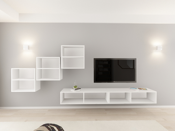 Living QUADRO 10 MDF Alb Lucios | Set Mobilier Modular Suspendat Premium Configurabil pentru un Living Modern Fără Mânere/Push to Open - Hulgo Mobili [4]