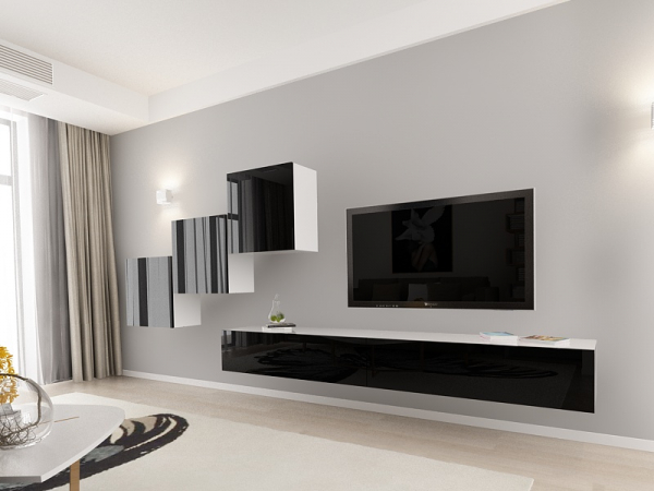Living QUADRO 10 MDF Alb/Negru Lucios | Set Mobilier Modular Suspendat Premium Configurabil pentru un Living Modern Fără Mânere/Push to Open - Hulgo Mobili [2]