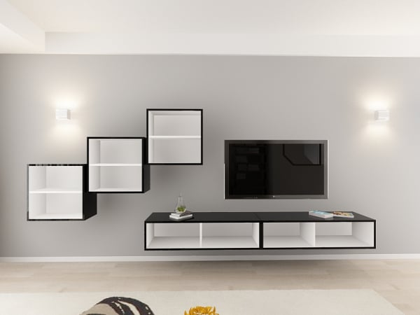 Living QUADRO 10 MDF Negru/Alb Lucios | Set Mobilier Modular Suspendat Premium Configurabil pentru un Living Modern Fără Mânere/Push to Open - Hulgo Mobili [4]