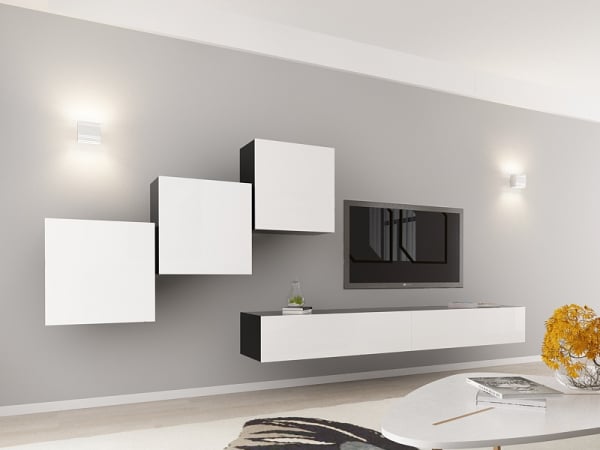 Living QUADRO 10 MDF Negru/Alb Lucios | Set Mobilier Modular Suspendat Premium Configurabil pentru un Living Modern Fără Mânere/Push to Open - Hulgo Mobili [3]