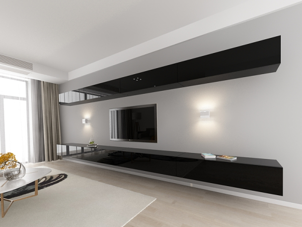 Living QUADRO 11 MDF Negru Lucios | Set Mobilier Modular Suspendat Premium Configurabil pentru un Living Modern Fără Mânere/Push to Open - Hulgo Mobili [3]