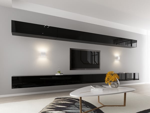 Living QUADRO 11 MDF Negru Lucios | Set Mobilier Modular Suspendat Premium Configurabil pentru un Living Modern Fără Mânere/Push to Open - Hulgo Mobili [2]