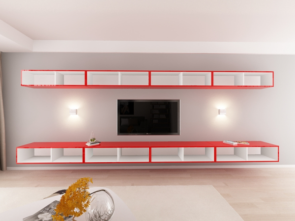 Living QUADRO 11 MDF Rosu Lucios | Set Mobilier Modular Suspendat Premium Configurabil pentru un Living Modern Fără Mânere/Push to Open - Hulgo Mobili [4]