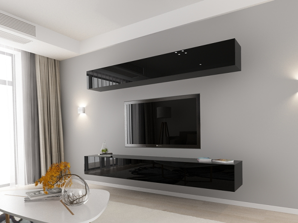 Living QUADRO 12 MDF Negru Lucios | Set Mobilier Modular Suspendat Premium Configurabil pentru un Living Modern Fără Mânere/Push to Open - Hulgo Mobili [9]
