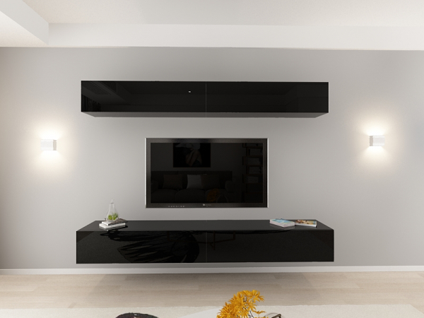Living QUADRO 12 MDF Negru Lucios | Set Mobilier Modular Suspendat Premium Configurabil pentru un Living Modern Fără Mânere/Push to Open - Hulgo Mobili [8]